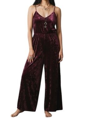 Burgundy Crushed Velvet sleeveless Wide Leg Romper party attire